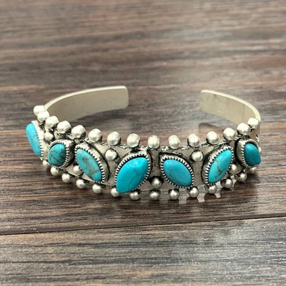 Turquoise Cuff Bracelet Western Boho Rodeo Silver Tone Marquise Stone